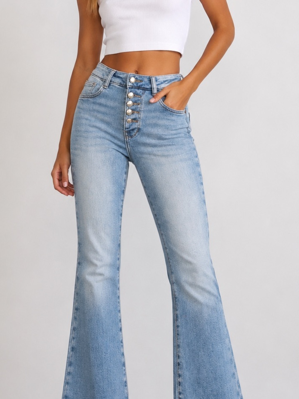 Zara TRF Cropped Mini Flare High Waist Jeans - Light Wash - Button Up